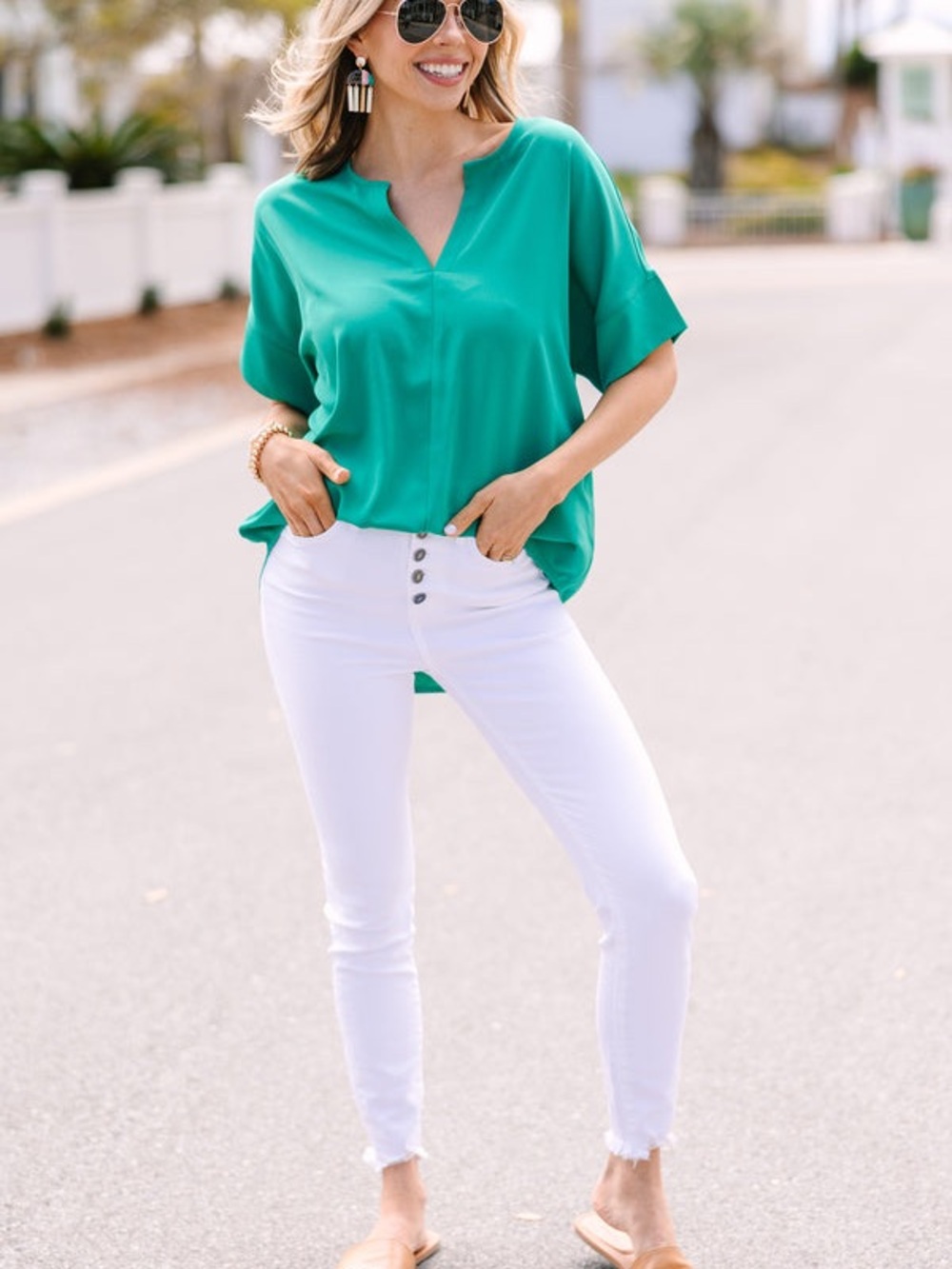 Lightweight Zenana woven split neck airflow top in Kelly Green